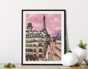 Pink Paris Print: Eiffel Tower Urban Sketch Art