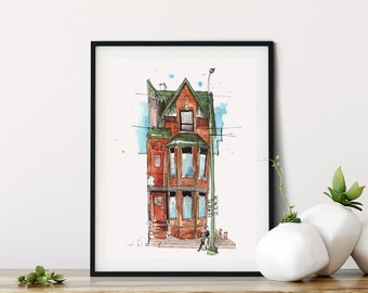 Watercolor Print: Classic Toronto Architecture with Brick Face, Toronto Urban Art, Urban Sketch and fun art print, Cute apartment decor
