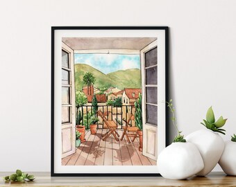 Tuscany Vineyard Watercolor Art Print: Wine Country Balcony View