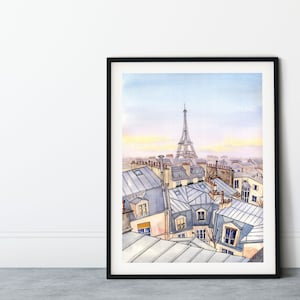 Paris Skyline Watercolor Art Print, Large Wall Art, Poster Art, Travel Prints, Feminine Decor, Paris Rooftops, France Eiffel Tower Art Print