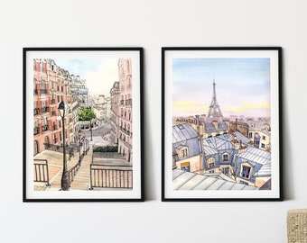 Paris Skyline Watercolor Art Prints, Set of 2 Prints, Gift Ideas
