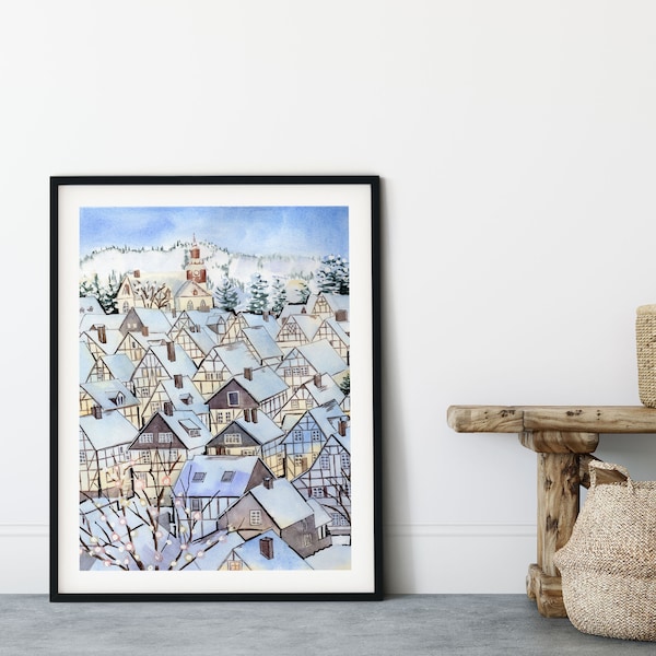 Freudenberg Germany, Winter Wonderland, Watercolor Art Print, Large Wall Art, Home Office Decor