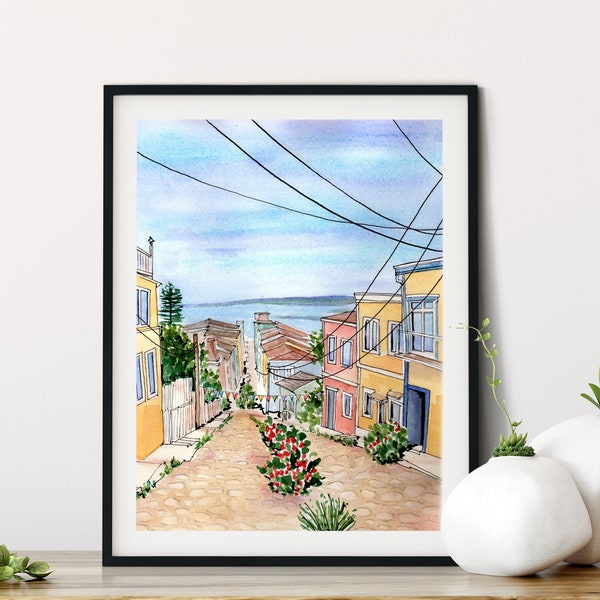 Valparaiso Chile Watercolor Art Print, Home Decor of the City of Artists