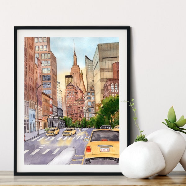 Rues de New York, art coloré sur les toits de la ville, États-Unis, impression aquarelle coucher de soleil, cadeau pour amateur de voyages, décoration d'appartement, bureau à domicile