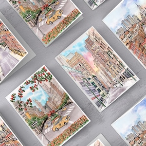 Greeting Cards assorted New York City blank inside card bundle, NYC Watercolor Art Cards: set of 15 A2 cards with envelopes