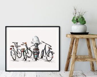 Bicycles and Vespa watercolor art print, travel poster, bicycle art, wall art, cycling decor, Amsterdam street art, bike print, Vespa print