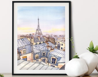 Paris Rooftops Watercolor Print: Eiffel Tower Art