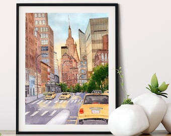 New York Cityscape Watercolor Art Print: Sunset Skyline