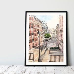 Large Wall Art: Paris Travel Poster, Steps of Montmartre, Apartment Decor, Paris Lover, Romantic Decor, Office Watercolor Art, Poster Art