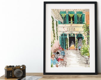Hanoi, Vietnam Bistro Art, Wall Art, Bright art prints, kitchen decor, storefront art, Watercolor Art Print, Home Decor, Travel Art