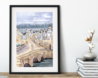 Cotswolds in Snow Watercolor Art Print: Winter Village Scene