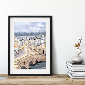 Cotswolds in Snow Watercolor Art Print: Winter Village Scene