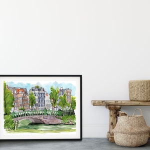 Amsterdam Art, Watercolor Art Print, Urban Sketch, Travel Print, Amsterdam Canals, Devonian Gardens, apartment decor, Netherlands art