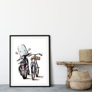 Descarga instantánea de arte de scooter y bicicleta, impresión digital de acuarela, arte de viaje de Ámsterdam, decoración imprimible