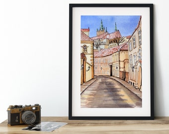 Prague Winter Watercolor Art Print, Large wall art, home office decor, Czech Republic Decor