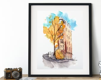 Zurich Switzerland Fall Scene, Urban Sketch and Watercolour art print