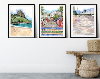 Rio De Janeiro Gallery Wall, Brazil Set of 3 Watercolor Art Prints, Tropical Home Office Art, Travel Prints,