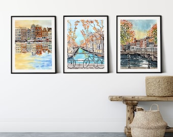 Amsterdam Gallery Wall, Set of 3 Watercolor Art Prints, Amsterdam Home Office Art, Travel Prints,