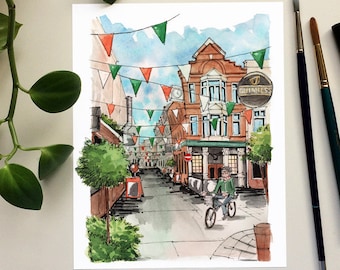 Dublin, Ireland travel watercolor, Stag&#39;s Head pub, architecture print, colorful city art, travel print, dad gift, office decor, manly decor