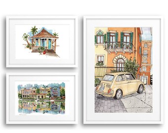 Watercolor Art, Art Prints, Gallery Wall, Create your Own, Mix and Match Prints, Street Scenes, Travel Prints, Travel Poster Set of Three