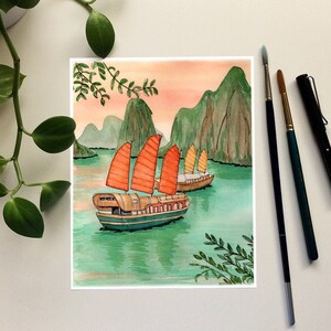 Ha Long Bay Junk Boats at Sunset, Watercolor Fine Art Print and Vietnam Travel Poster