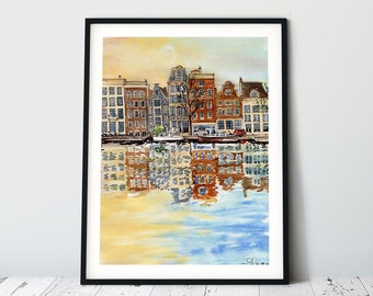 Large Wall Art: Amsterdam Reflections Poster, Netherlands Watercolor Print, Office Decor, European Travel Print, Colorful Art, Cityscape Art