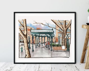 Watercolor Art Print, Seattle Washington, Pioneer Square