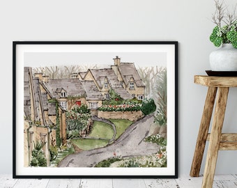 Cotswolds England Watercolor Fine Art Print, Large Living Room Wall Decor