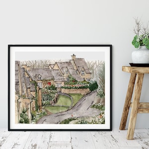 Impression d'art aquarelle des Cotswolds, Angleterre, grande décoration murale de salon