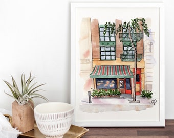 New York City Bistro, Urban Sketch, Wall Art, Bright art prints, kitchen decor, storefront art, Watercolor Art print