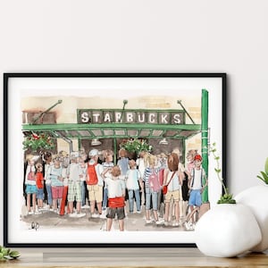 Original Starbucks Storefront, Coffee Shop Watercolor Art Print