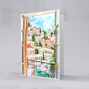 Cartes d'art de l'île de Symi en Grèce, jeu de cartes d'art aquarelle, cartes de voyage, cadeau fantaisie pour collègue, invitation à une fête, papeterie girly