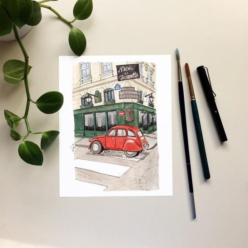 Paris Aquarell Kunstdruck: Vintage Rotes Auto, Urbane Straßenszene Bild 4