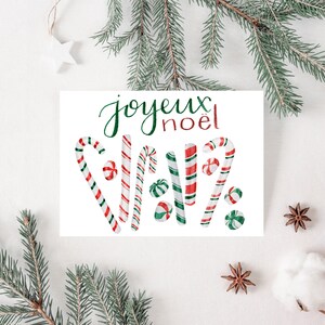 Set of Illustrated Holiday Cards, Candy Cane Joyeux Noel Holiday Greeting Cards