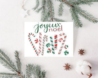 Set of Illustrated Holiday Cards, Candy Cane Joyeux Noel Holiday Greeting Cards