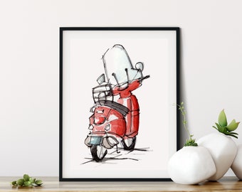 Red Vespa Scooter instant download, digital art print,  Watercolor Art Print, Apartment decor, Cute wall decor