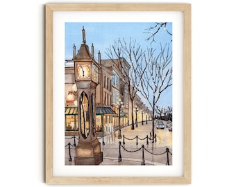 Vancouver Steamclock Watercolor Art Print: Gastown Cityscape