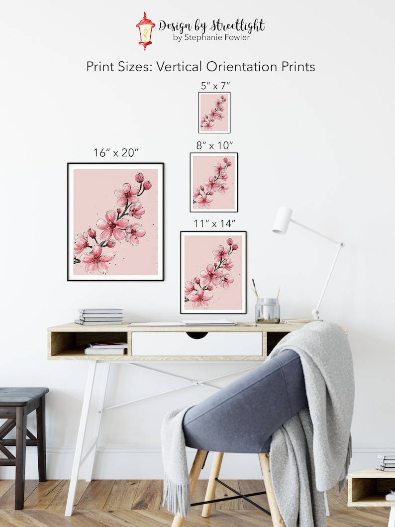 May include: A mockup of a pink watercolor painting of a cherry blossom branch on a white background. The image shows different sizes of prints available for purchase: 5x7 inches, 8x10 inches, 11x14 inches, and 16x20 inches.