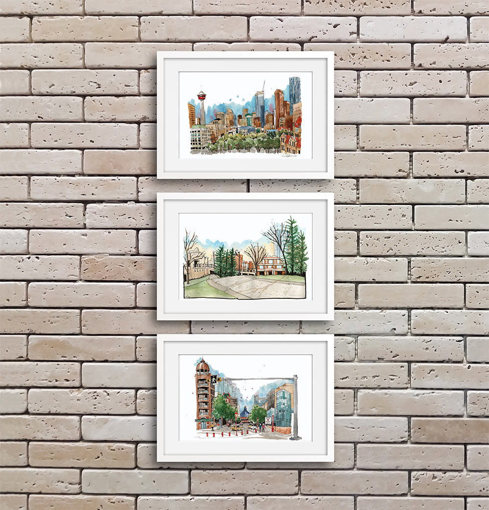 Calgary Skyline Gallery Wall, Calgary Alberta Art, YYC Office Art, Downtown Calgary Set of 3 Prints, Calgary Art Prints, Calgary Watercolors