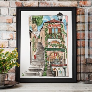 May include: Watercolor painting of a narrow street in a European city. The street is lined with buildings, and there are stairs leading up to the top of the street. There is a sign that says "Ristorante Pizzeria" above a doorway.