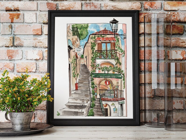 May include: Watercolor painting of a narrow street in a European city. The street is lined with buildings, and there are stairs leading up to the top of the street. There is a sign that says "Ristorante Pizzeria" above a doorway.