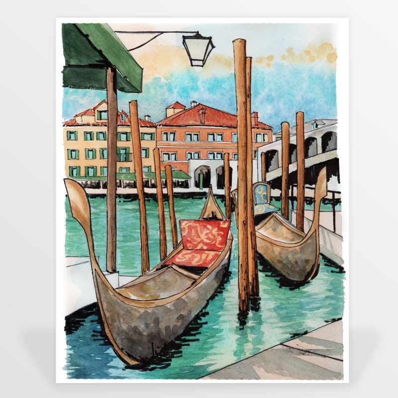 ヴェネツィアの運河の水彩画：ゴンドラとリアルト橋 - Etsy 日本
