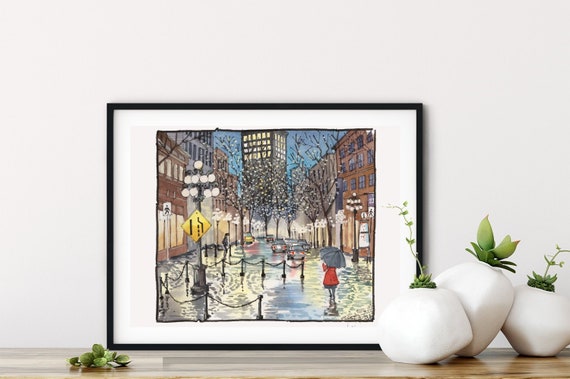 Vancouver Gastown Watercolor Art Print: Rainy Street Scene