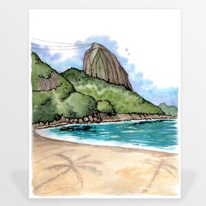 May include: A watercolor painting of a beach scene with a large, rocky mountain in the background. The beach is sandy and there is a blue ocean in the foreground. The sky is a light blue with some clouds.