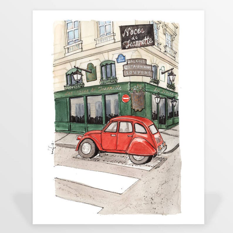 Paris Aquarell Kunstdruck: Vintage Rotes Auto, Urbane Straßenszene Bild 2