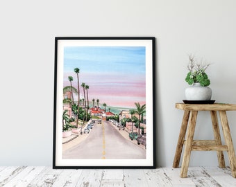 Los Angeles Sunset, Large Watercolor Poster Fine Art Print