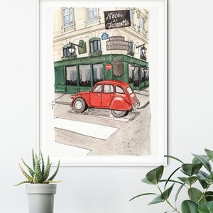 Paris Aquarell Kunstdruck: Vintage Rotes Auto, Urbane Straßenszene Bild 6