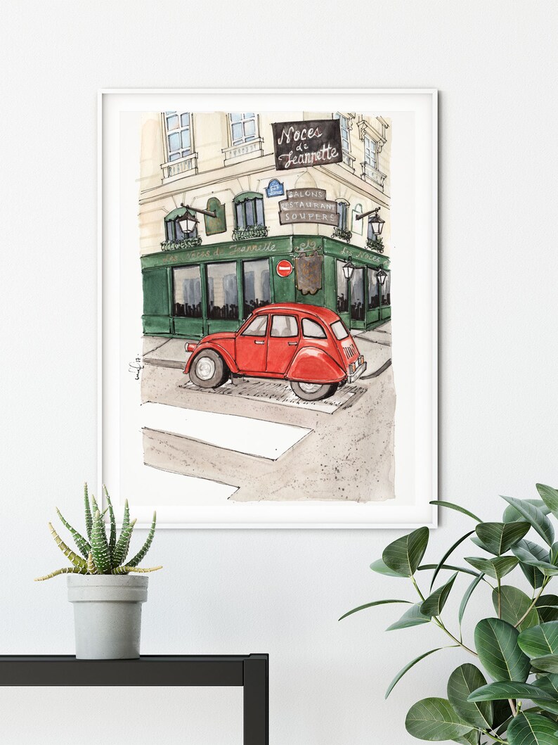 Paris Aquarell Kunstdruck: Vintage Rotes Auto, Urbane Straßenszene Bild 6