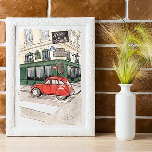 Paris Aquarell Kunstdruck: Vintage Rotes Auto, Urbane Straßenszene Bild 5