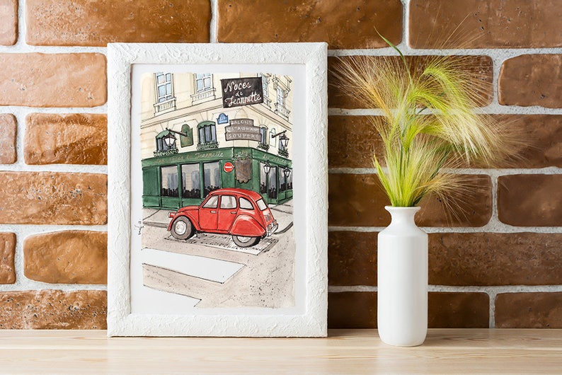 Paris Aquarell Kunstdruck: Vintage Rotes Auto, Urbane Straßenszene Bild 5
